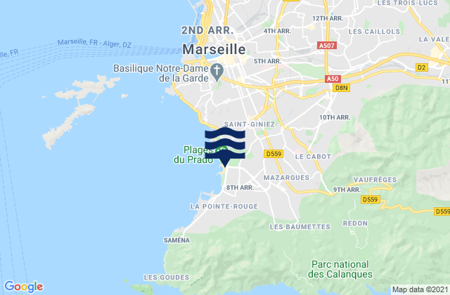 Mapa da tábua de marés em Marseille 09, France
