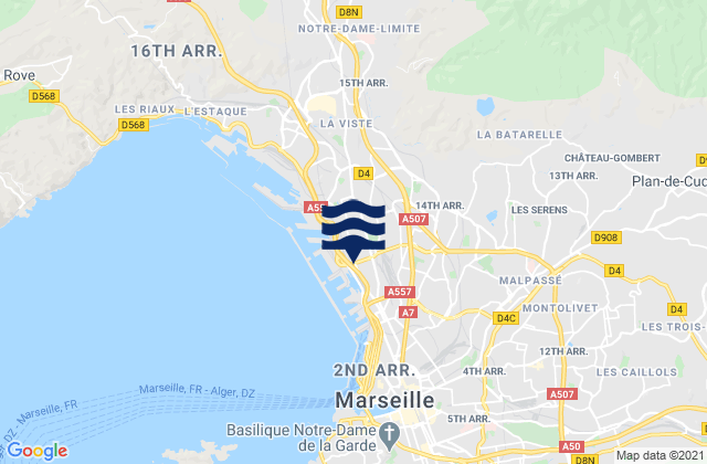 Mapa da tábua de marés em Marseille 14, France