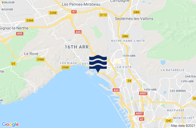 Mapa da tábua de marés em Marseille 16, France