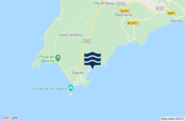 Mapa da tábua de marés em Martinhal, Portugal