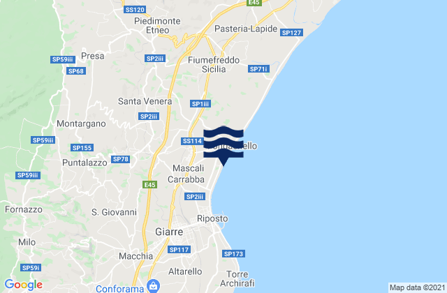 Mapa da tábua de marés em Mascali, Italy
