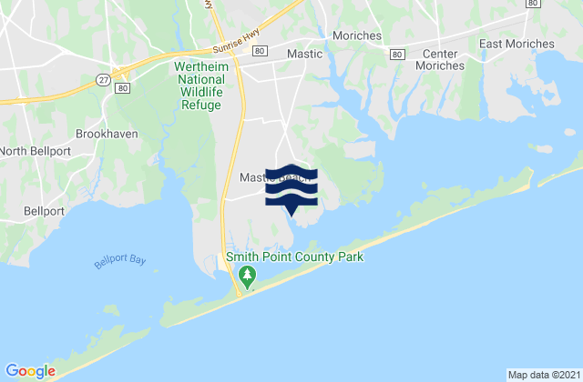 Mapa da tábua de marés em Mastic Beach, United States