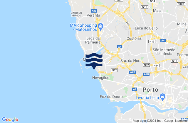 Mapa da tábua de marés em Matosinhos, Portugal