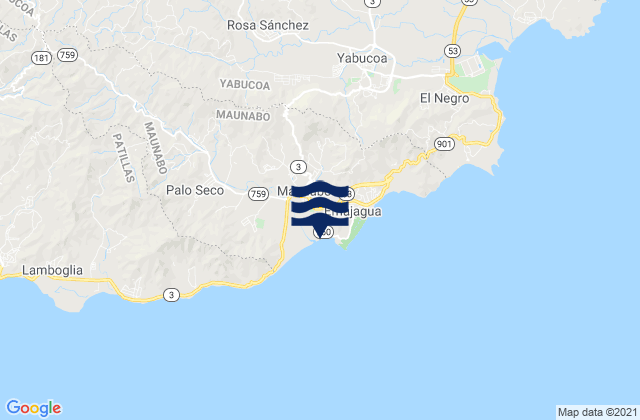 Mapa da tábua de marés em Maunabo, Puerto Rico