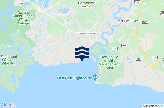Mapa da tábua de marés em Maurice River entrance, United States