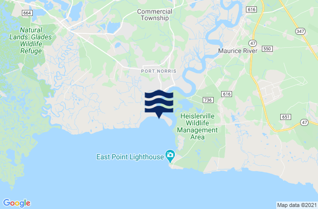 Mapa da tábua de marés em Mauricetown, United States