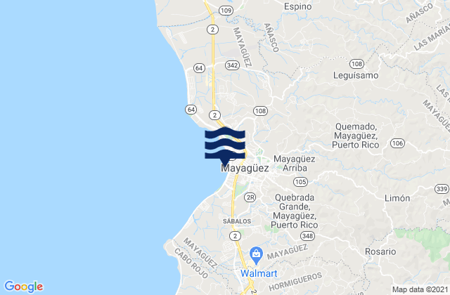Mapa da tábua de marés em Mayagüez, Puerto Rico