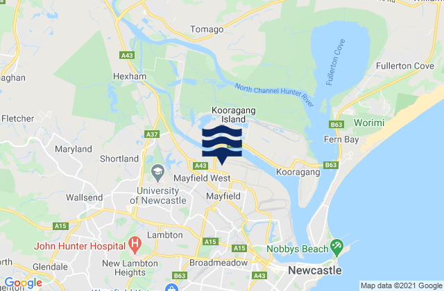 Mapa da tábua de marés em Mayfield, Australia