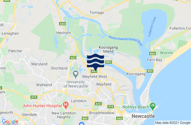 Mapa da tábua de marés em Mayfield West, Australia