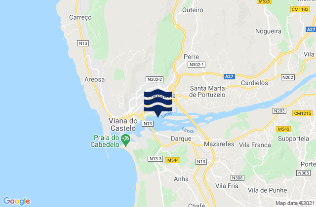 Mapa da tábua de marés em Meadela, Portugal
