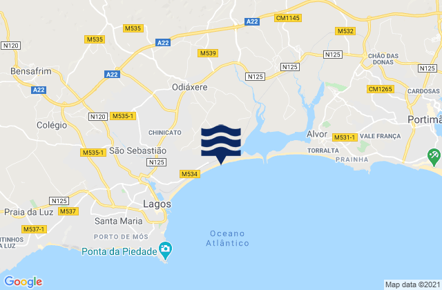 Mapa da tábua de marés em Meia Praia, Portugal