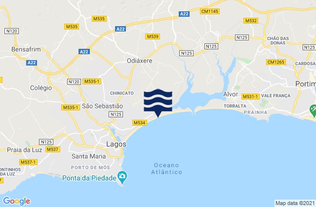 Mapa da tábua de marés em Meia Praia, Portugal