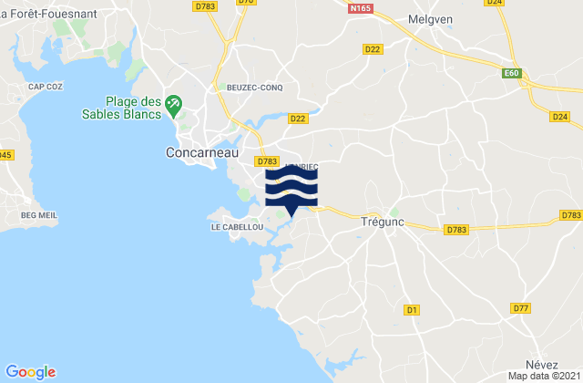 Mapa da tábua de marés em Melgven, France