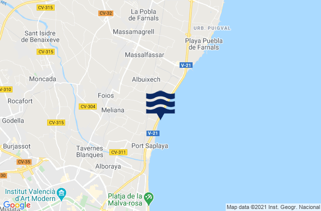 Mapa da tábua de marés em Meliana, Spain