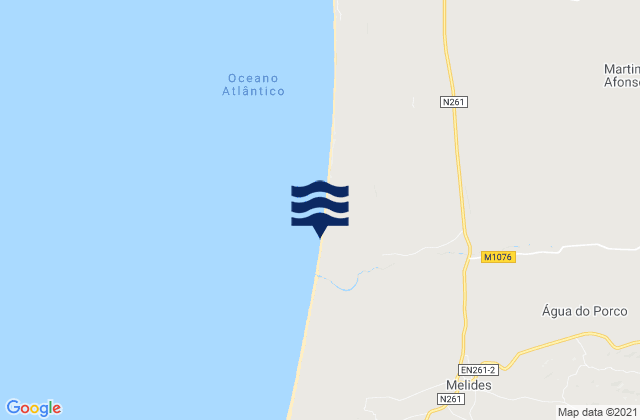 Mapa da tábua de marés em Melides, Portugal