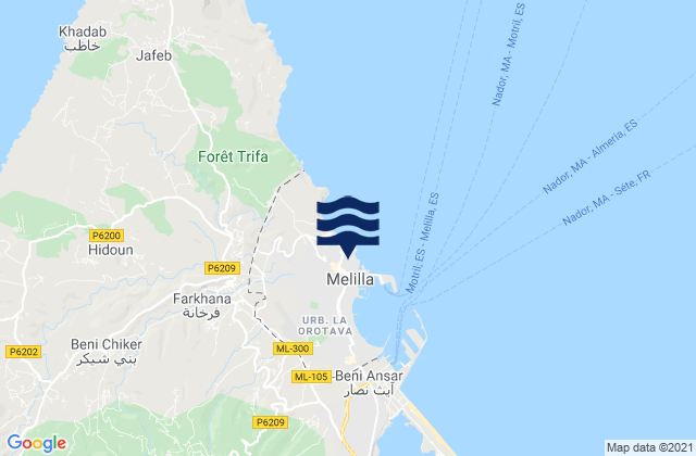 Mapa da tábua de marés em Melilla, Spain