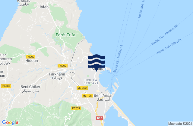 Mapa da tábua de marés em Melilla, Spain