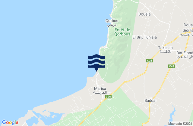 Mapa da tábua de marés em Menzel Bouzelfa, Tunisia