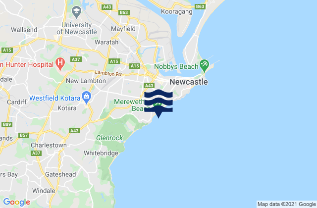 Mapa da tábua de marés em Merewether Beach, Australia