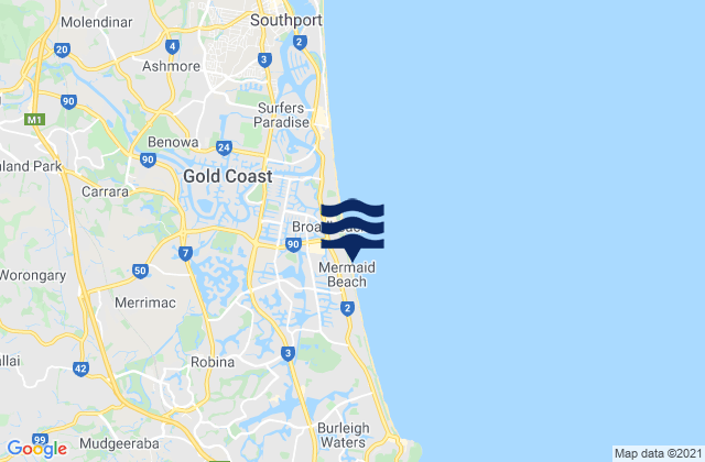 Mapa da tábua de marés em Mermaid Beach, Australia