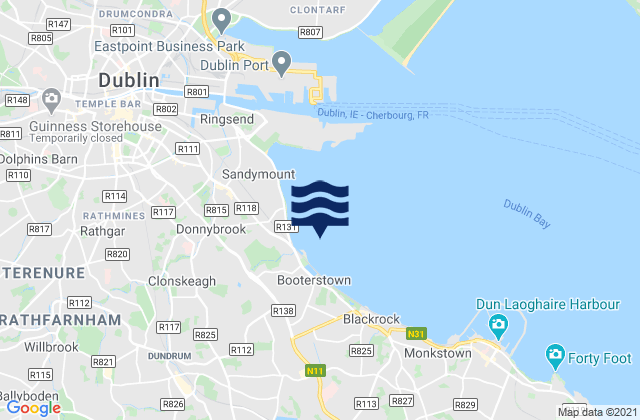 Mapa da tábua de marés em Merrion Strand, Ireland