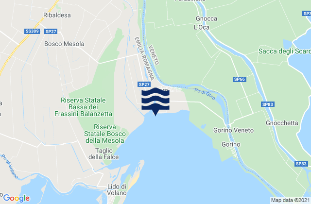 Mapa da tábua de marés em Mesola, Italy