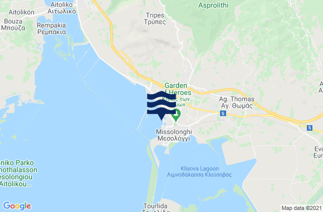 Mapa da tábua de marés em Mesolóngi, Greece