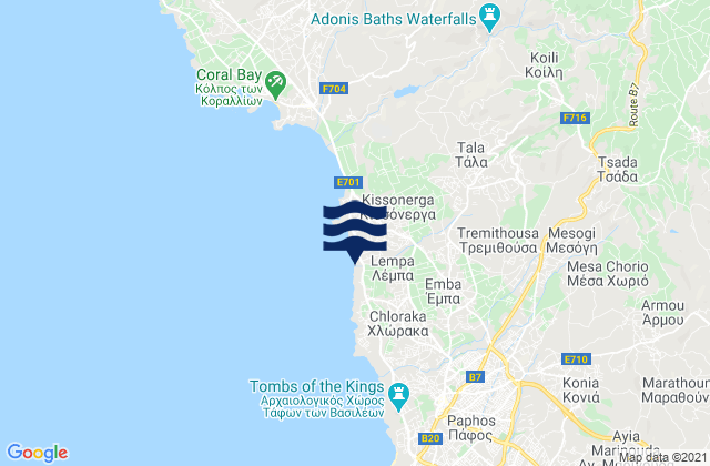 Mapa da tábua de marés em Mesógi, Cyprus