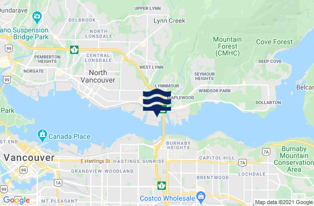 Mapa da tábua de marés em Metro Vancouver Regional District, Canada
