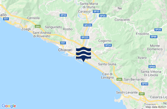 Mapa da tábua de marés em Mezzanego, Italy