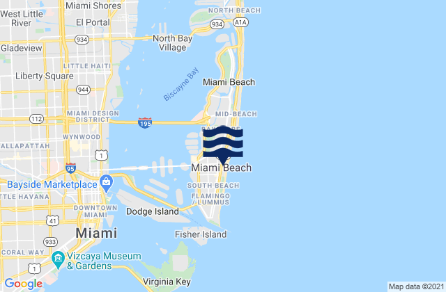 Mapa da tábua de marés em Miami Beach, United States