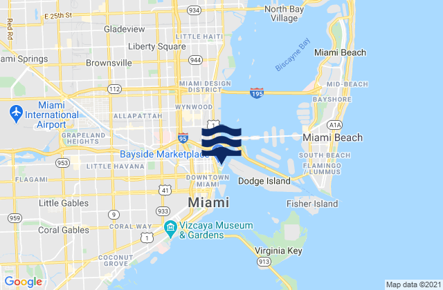 Mapa da tábua de marés em Miami Miamarina Biscayne Bay, United States