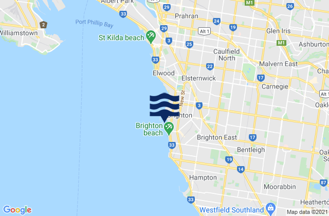 Mapa da tábua de marés em Middle Brighton Pier, Australia