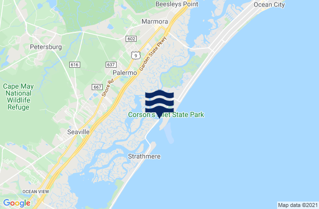 Mapa da tábua de marés em Middle Thorofare Ocean Drive Bridge, United States