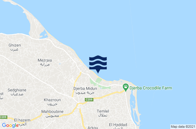 Mapa da tábua de marés em Midoun, Tunisia
