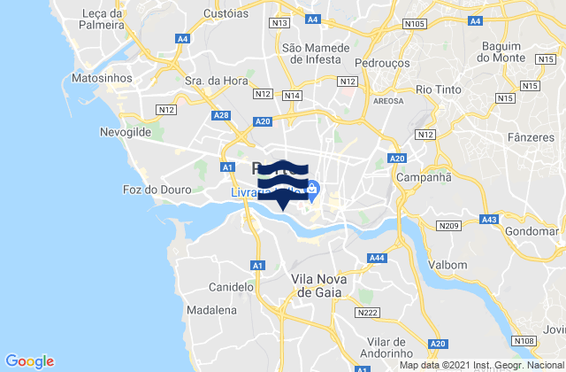 Mapa da tábua de marés em Milheirós, Portugal