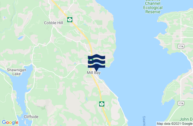 Mapa da tábua de marés em Mill Bay, Canada