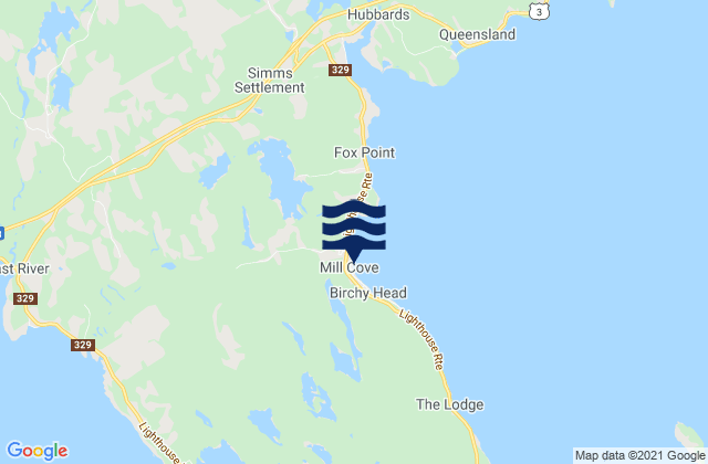 Mapa da tábua de marés em Mill Cove, Canada