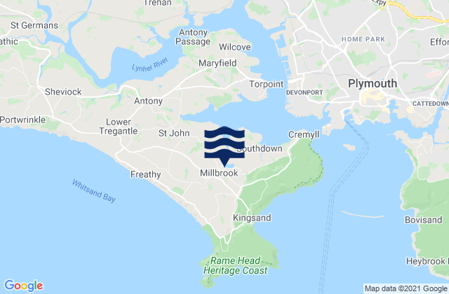 Mapa da tábua de marés em Millbrook, United Kingdom