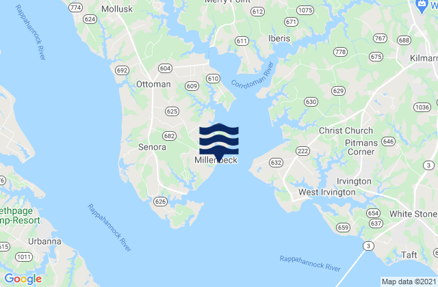 Mapa da tábua de marés em Millenbeck Corrotoman River, United States