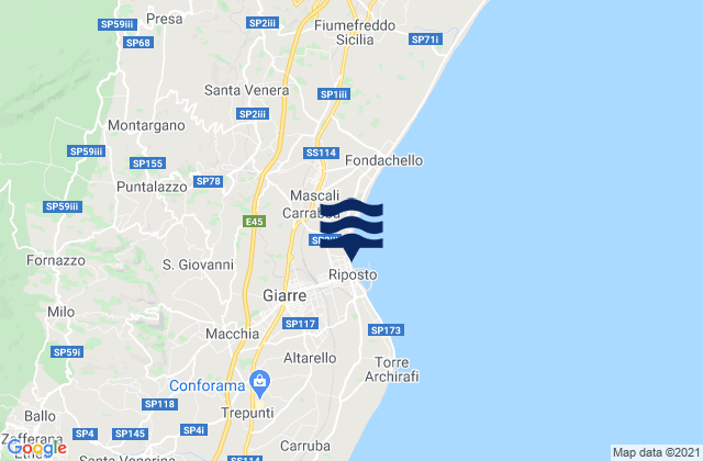 Mapa da tábua de marés em Milo, Italy