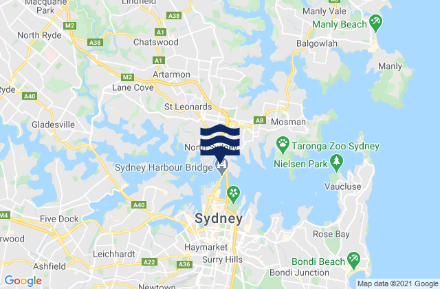 Mapa da tábua de marés em Milsons Point, Australia