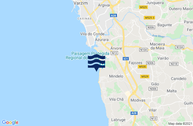 Mapa da tábua de marés em Mindelo, Portugal