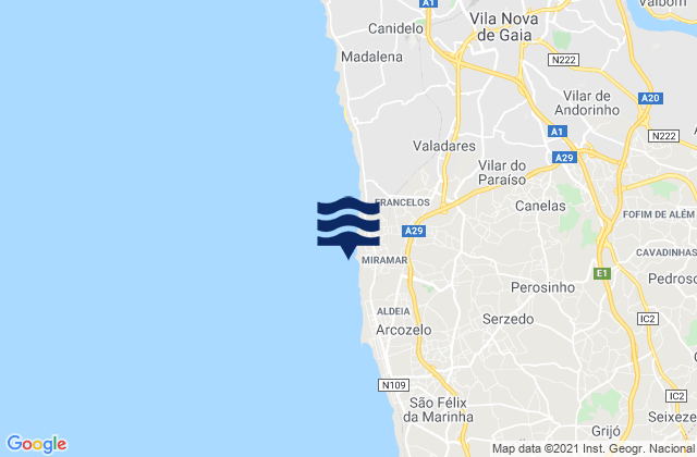 Mapa da tábua de marés em Miramar, Portugal