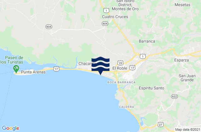 Mapa da tábua de marés em Miramar, Costa Rica