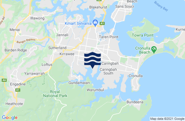 Mapa da tábua de marés em Miranda, Australia