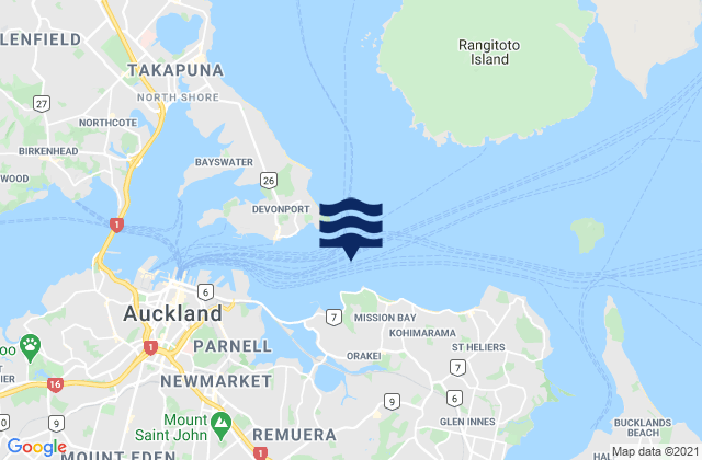 Mapa da tábua de marés em Mission Bay, New Zealand