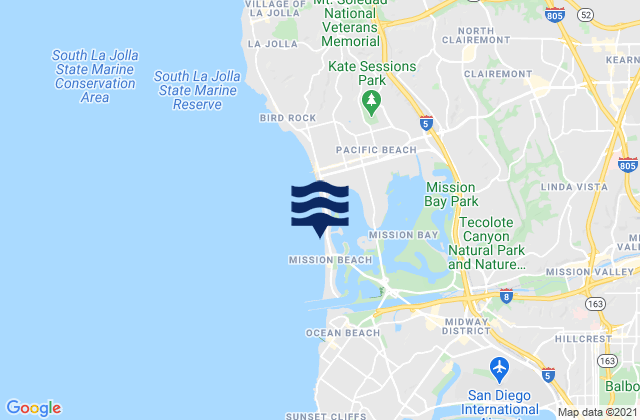 Mapa da tábua de marés em Mission Beach (San Diego), United States