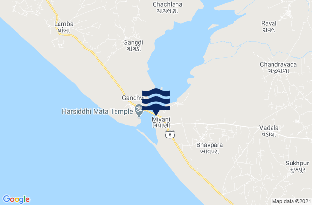Mapa da tábua de marés em Miyani, India