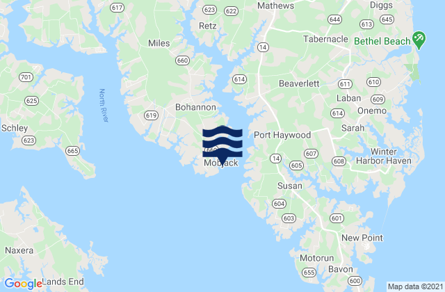 Mapa da tábua de marés em Mobjack East River, United States